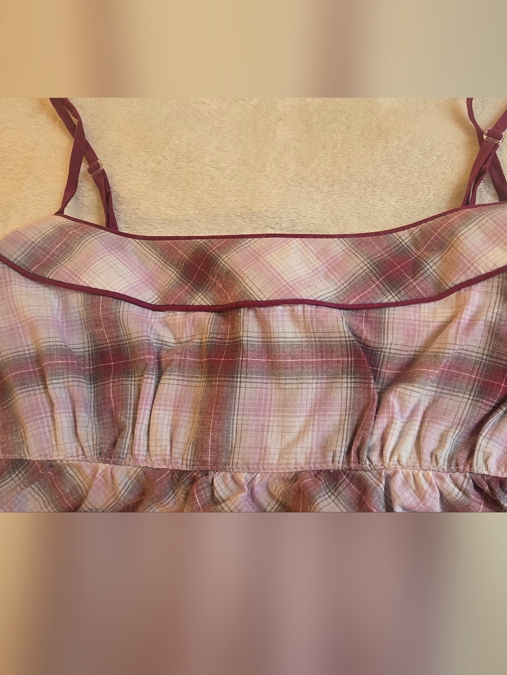 NWT Y2k Vtg Babydoll Empire Spaghetti Strap Tank Top Maroon Burgundy Plaid XS/S - Picture 2 of 7